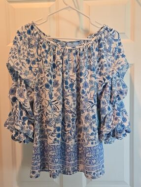 CeCe White and Blue Floral Peasant Blouse with Ruffle Sleeves
